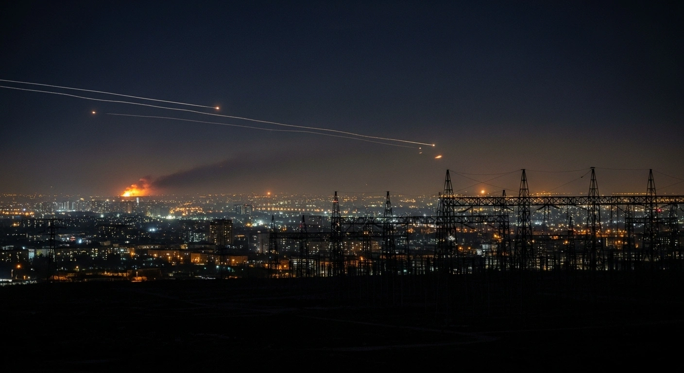 A wide, low-angle shot of a partially blacked-out Ukrainian city at night, showing a damaged power substation silhouetted against a smoke-hazed sky with distant orange glows, depicting the widespread power outages and energy infrastructure damage from a large-scale Russian missile and drone attack.