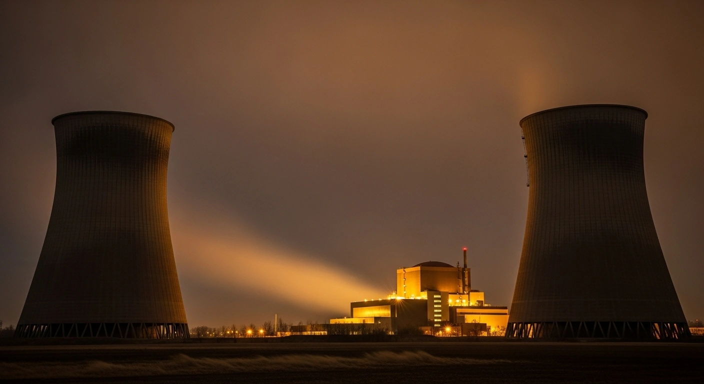 A low-angle view of a nuclear power plant's cooling towers at pre-dawn, with a faint plume of smoke in the distance, representing a drone detonation near the South Ukraine Nuclear Power Plant and highlighting nuclear safety risks.