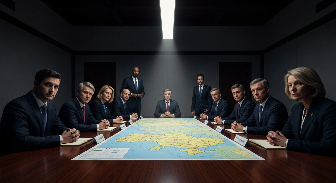 Leaders from Japan, Canada, and European nations are depicted in a dimly lit, opulent meeting room, gathered around a large table with a map of Ukraine, symbolizing their concerns over a US-led draft peace deal's proposed limitations on Ukrainian forces and the fear of future aggression.