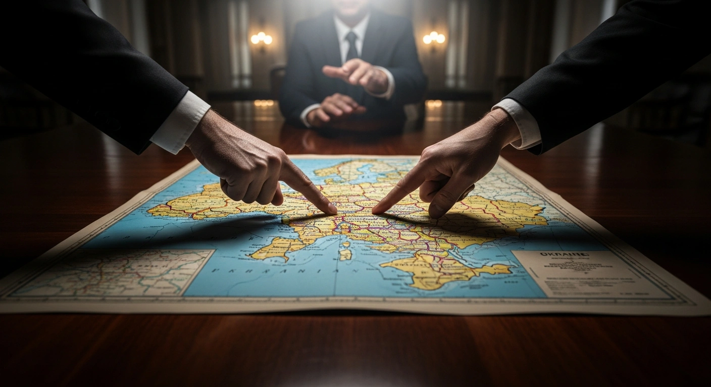 A vintage map of Ukraine and Eastern Europe is dramatically lit by a single spotlight on a polished conference table, with one hand firmly pointing at a border and another hovering nearby, symbolizing international negotiations and concerns over territorial concessions and security guarantees for Ukraine.