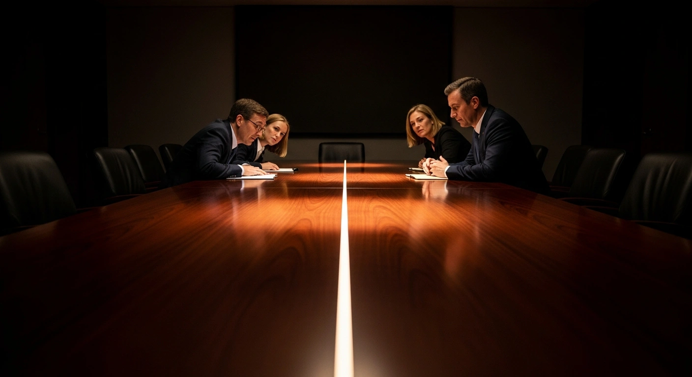 A long, polished conference table is bisected by a subtle line of light, symbolizing fragile progress in Russia-US peace talks on Ukraine, with a shadowed figure on one side hinting at European nations' alleged attempts to disrupt the diplomatic process.