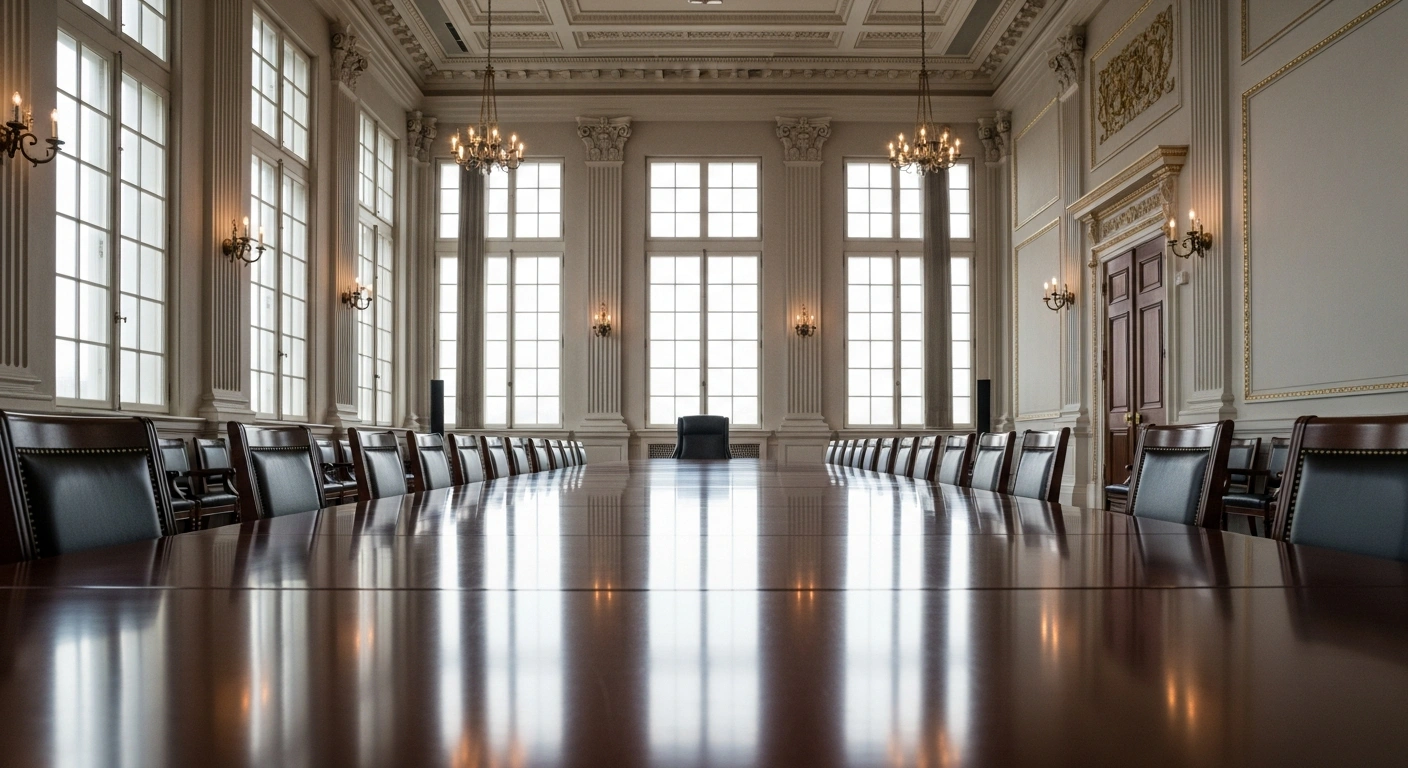 A wide, low-angle shot of a vast, opulent, and empty conference room with a long, polished mahogany table and two distinct, empty chairs at opposite ends, symbolizing the unresolved peace negotiations between the United States and Russia regarding the Ukraine conflict, where territorial control remains a critical, uncompromised issue.