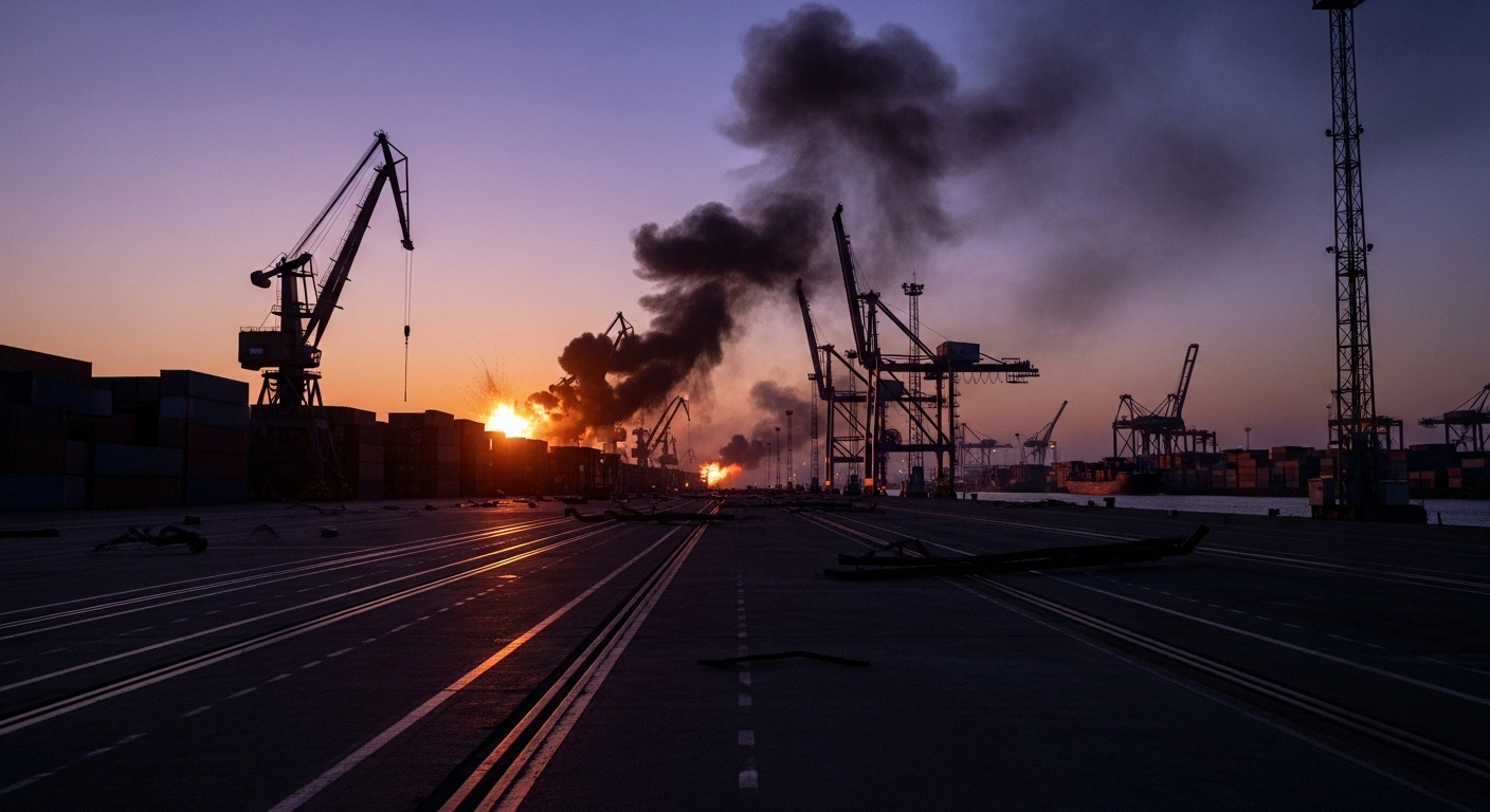 A damaged Ukrainian port facility smolders under a dark sky following a series of precision military strikes.