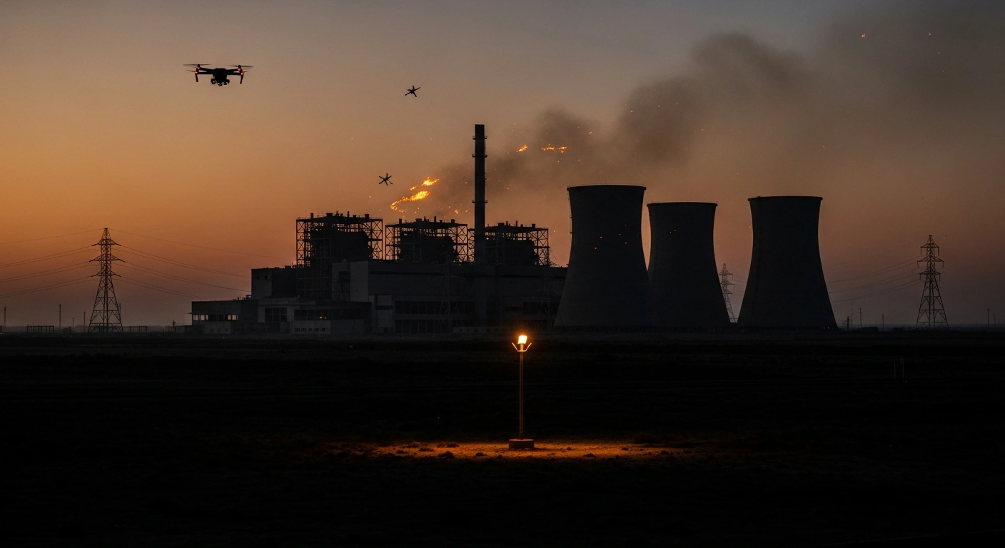 A wide aerial view shows a darkened thermal power plant in western Ukraine, with faint smoke rising from damaged structures, indicating a widespread power outage after a Russian aerial assault on energy infrastructure.