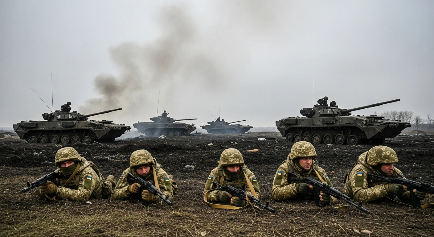 Ukrainian soldiers stand guard amidst the smoldering wreckage of destroyed Russian armored vehicles on a muddy battlefield, following a repelled mechanized assault near Filiya on January 23.