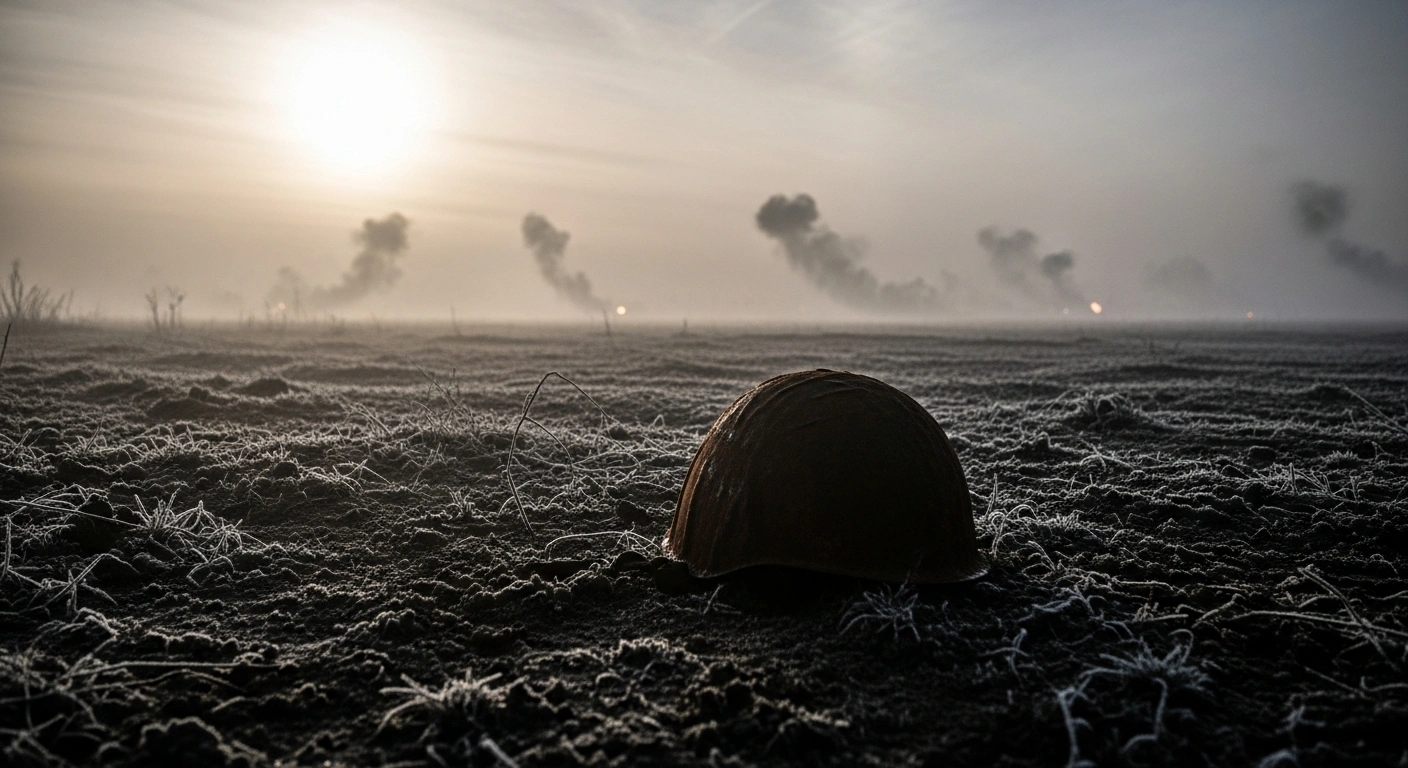 A desolate, war-torn landscape at dawn represents the ongoing conflict and the significant increase in Russian military personnel losses reported by the Ukrainian Armed Forces.