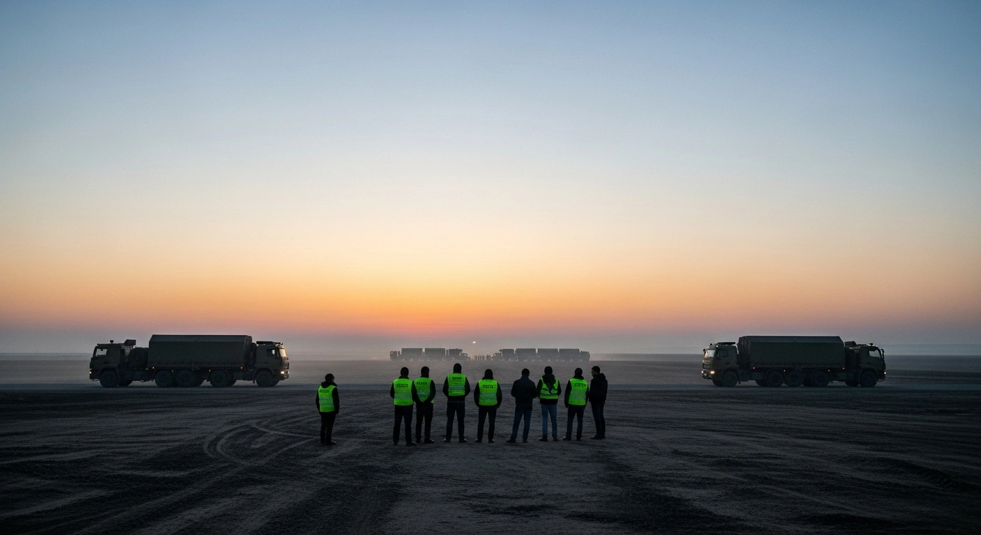 At dawn, two convoys of vehicles from Russia and Ukraine meet at a desolate border crossing, overseen by International Committee of the Red Cross personnel, during a significant body exchange of servicemen.