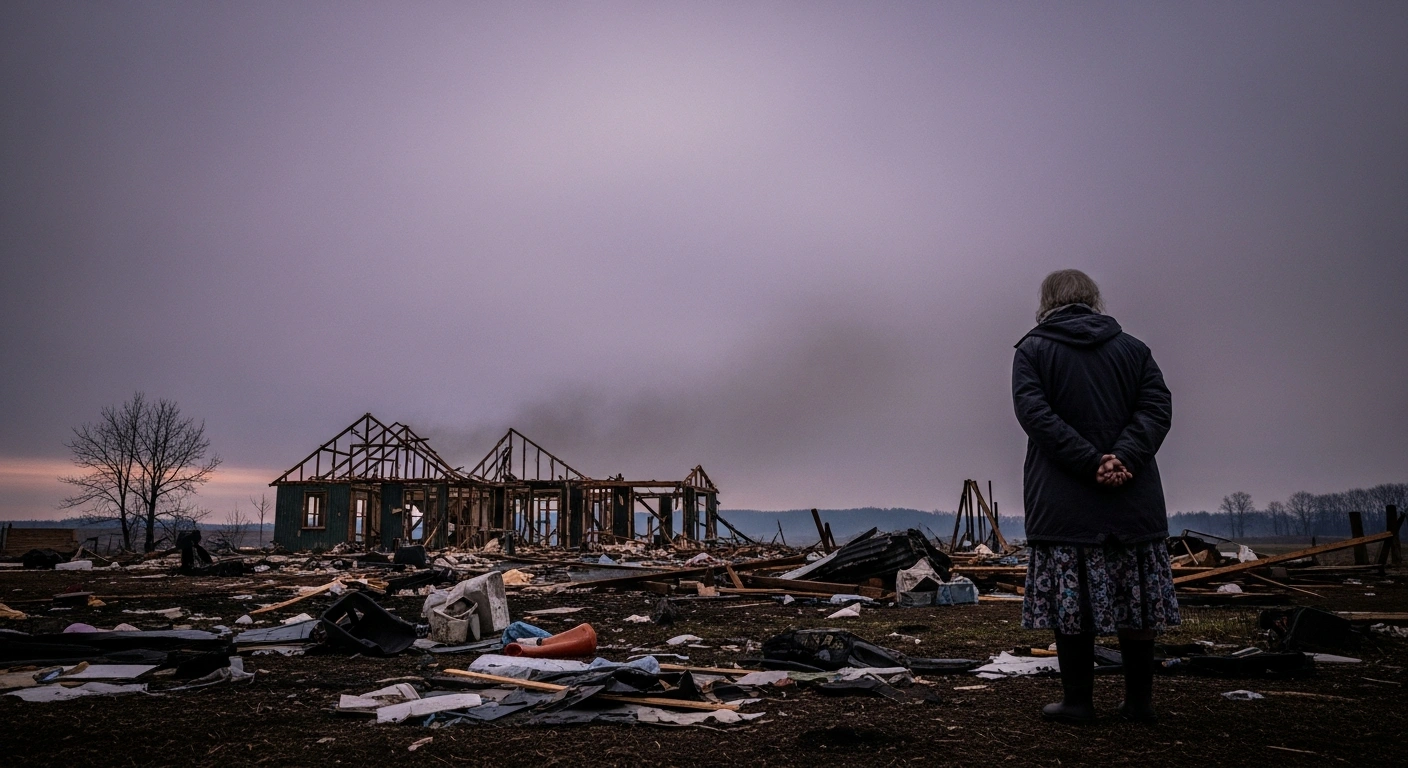 A desolate scene at dawn shows the skeletal remains of a rural home with faint smoke, and a lone elderly figure standing amidst debris, symbolizing the civilian toll of conflict, including a woman killed in Russia's Bryansk region and a man killed in Ukraine's Dnipropetrovsk region.