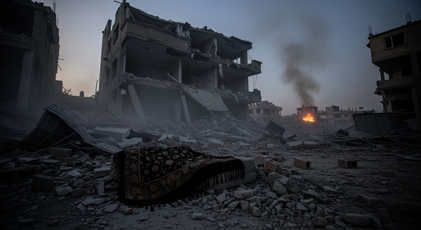 A destroyed residential building at dawn, with a worn shawl draped over rubble, symbolizing the civilian casualties from drone strikes in Ukraine and Russia that occurred just before U.S.-brokered peace talks.