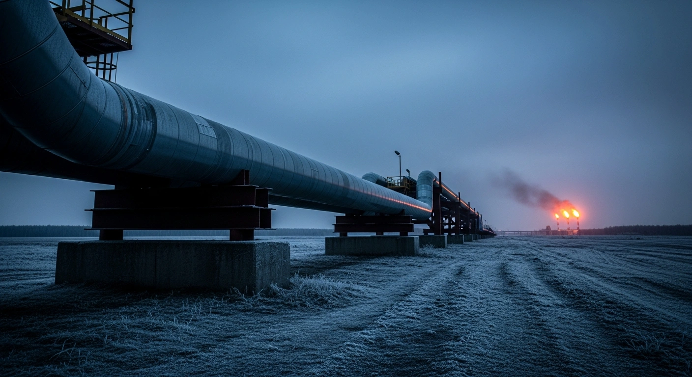 A large industrial gas pipeline runs through a cold, snowy landscape, symbolizing the ongoing energy transit tensions between Russia and Ukraine.
