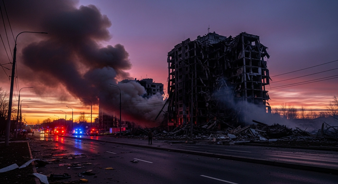 A wide shot at dawn shows a severely damaged residential high-rise with smoke rising from its upper floors, surrounded by emergency vehicle lights and debris on the street, depicting the aftermath of an overnight attack on a Ukrainian city.