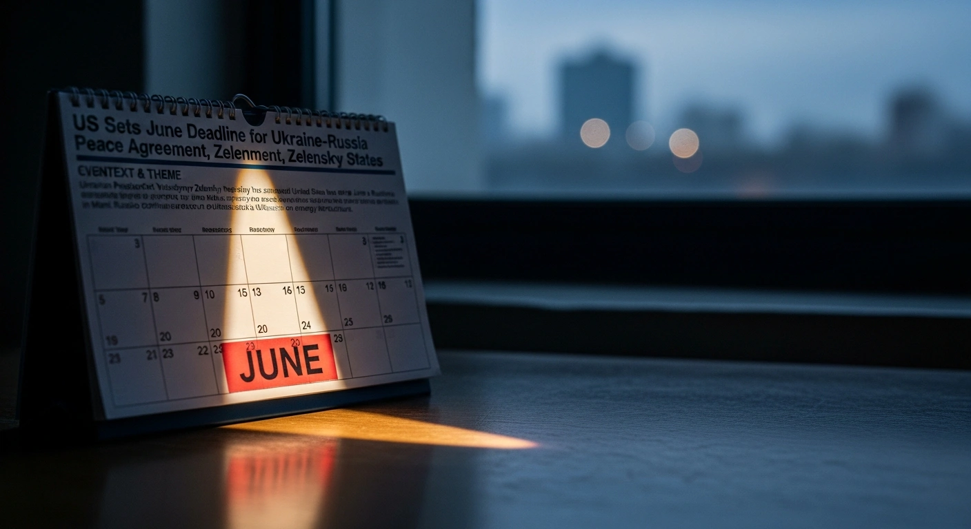 A close-up shot of a calendar page prominently displaying 'June' on a desk, with a distant city skyline showing flickering lights in the background, symbolizing the US-set deadline for a Ukraine-Russia peace agreement amidst ongoing attacks on Ukrainian energy infrastructure.