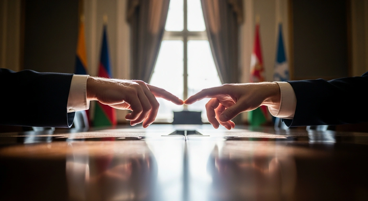 A close-up shot shows two hands, one Western and one Eastern, tentatively reaching across a polished dark wood table, illuminated by a single beam of light, symbolizing diplomatic efforts for Ukraine's post-war security guarantees discussed in Geneva.