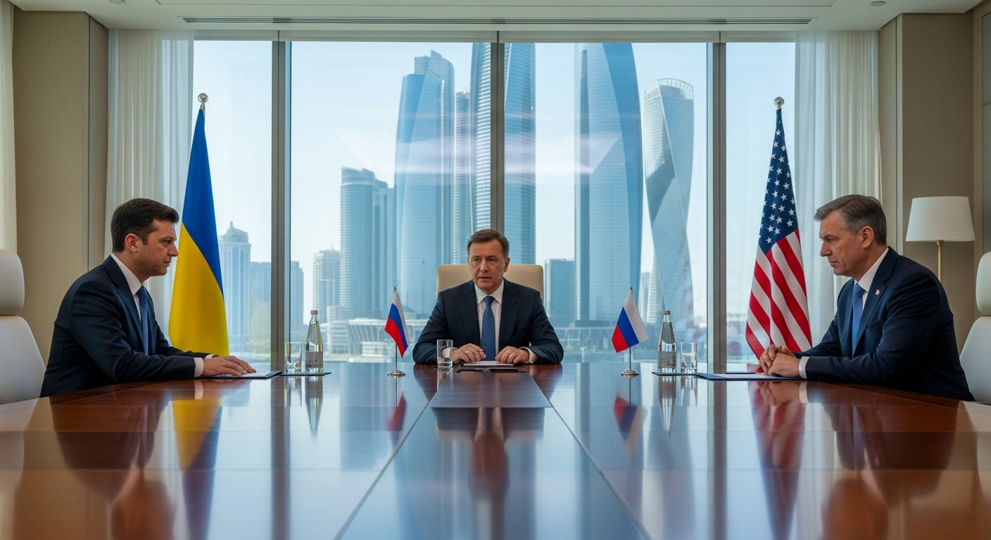 Three figures, representing Ukraine, Russia, and the United States, are seated at a large conference table in a modern room with a view of the Abu Dhabi skyline, engaged in trilateral peace talks.