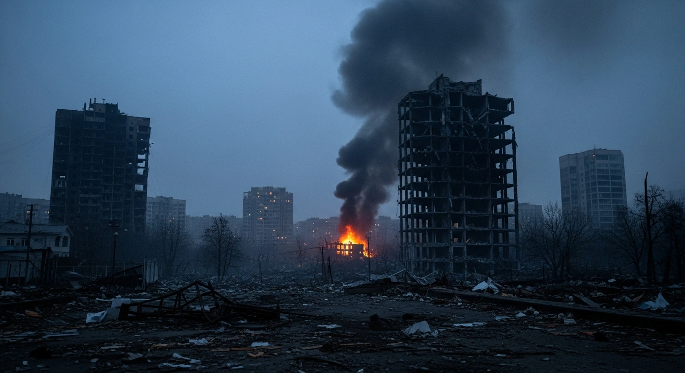 A wide, low-angle view of a Ukrainian city skyline at pre-dawn, showing widespread power disruptions with half the city in darkness, a partially collapsed building smoldering in the mid-ground, and debris in the foreground, depicting the aftermath of intensified Russian drone, missile, and artillery attacks in early January 2026, which caused civilian casualties and damaged critical infrastructure.