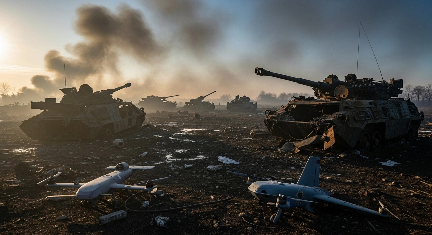 A desolate, smoke-filled landscape at dawn shows the twisted metal wreckage of numerous military vehicles, artillery systems, and broken drone remnants scattered across muddy terrain, depicting substantial Russian military losses reported by Ukrainian forces.