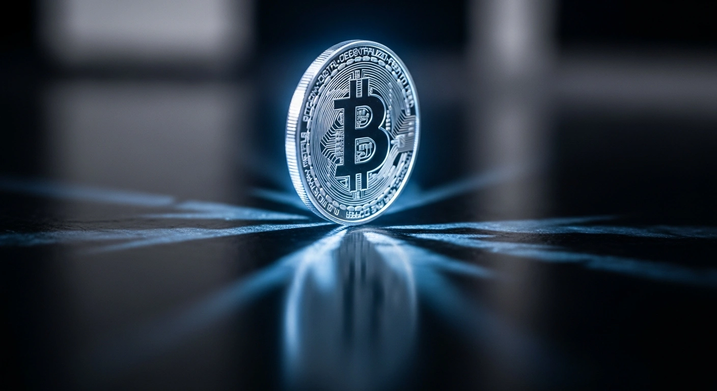 A glowing digital cryptocurrency coin is being restricted by dark, shadow-like bars to represent Ukraine's new financial sanctions against Russia.