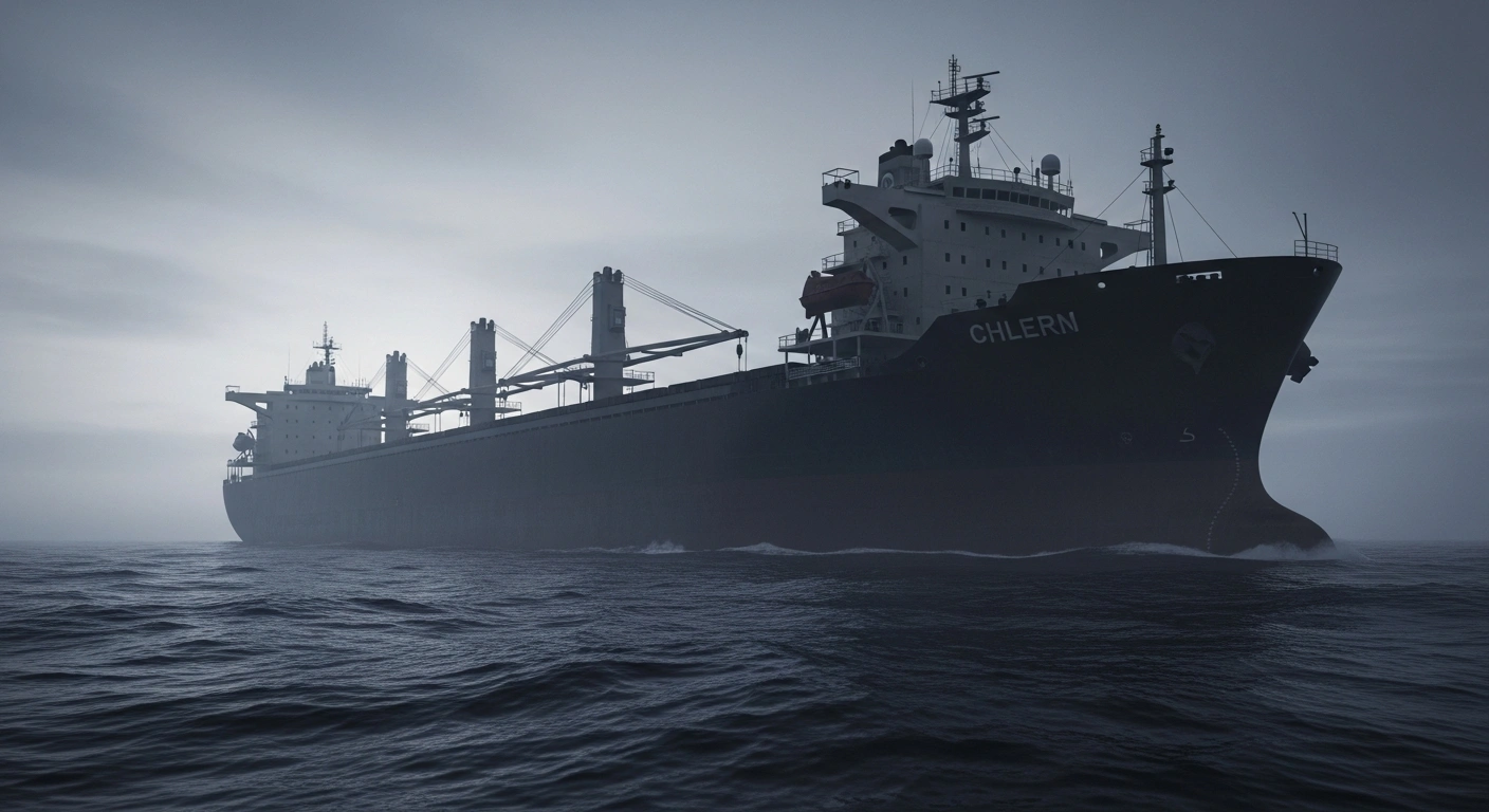 A large merchant cargo ship sails across a dark, turbulent sea as part of the Ukrainian government's new sanctions targeting Russian logistical supply chains.