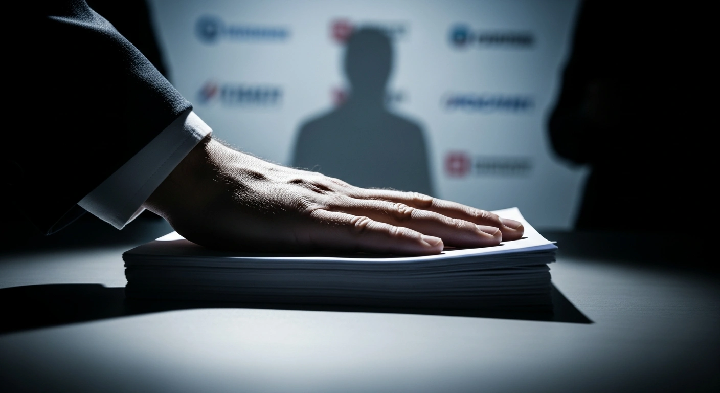A close-up shot shows a hand pressing down on official documents, symbolizing Ukraine's new sanctions against eight senior Russian officials, including special envoy Kirill Dmitriev, and five Russian publishing houses for involvement in crimes, spreading propaganda, and appropriating Ukrainian assets.