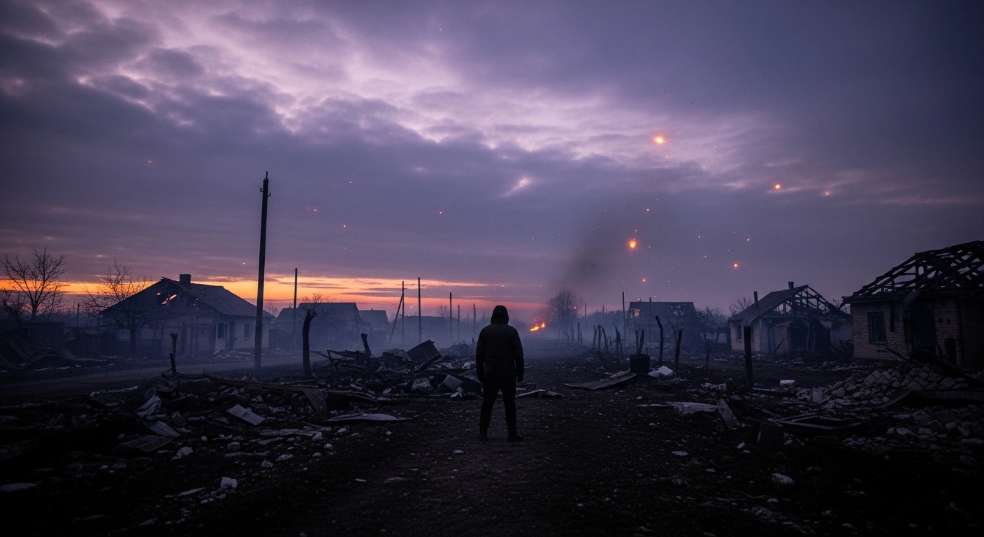 A wide, low-angle shot at pre-dawn shows a war-torn Ukrainian village street, with rubble and distant fires, symbolizing the Russian forces' claimed control of settlements like Prylipka and Andriivka amidst large-scale missile and drone bombardments.