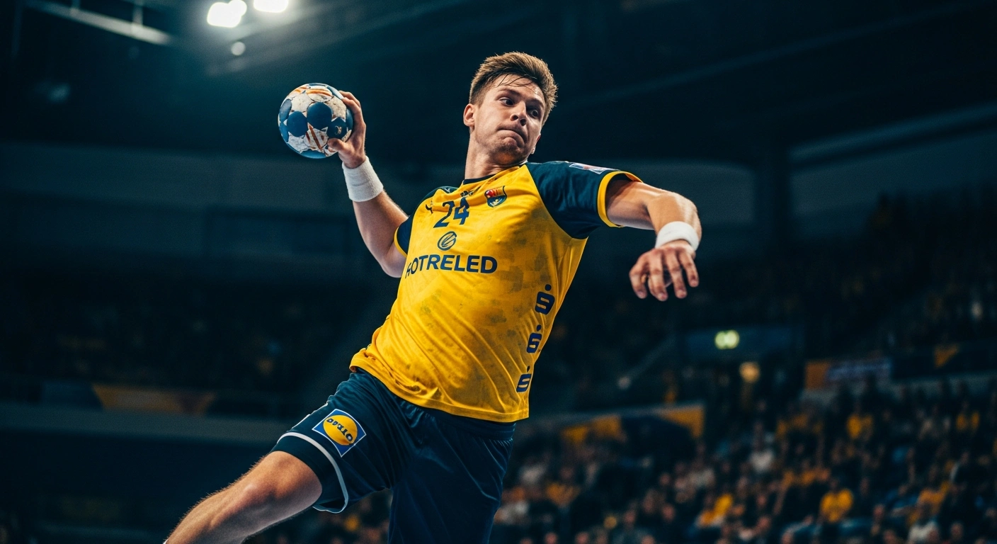 A professional handball player jumps to throw a ball during a competitive match between the national teams of Ukraine and Slovakia for the World Championship qualification.