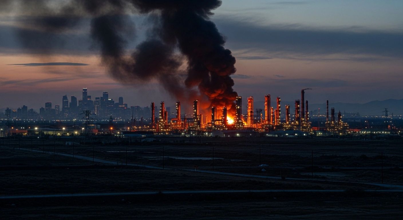 A wide, low-angle shot at dusk shows a large oil refinery complex partially engulfed in flames, with thick smoke rising into the sky, and a distant city skyline experiencing patchy power outages, depicting the impact of Ukrainian long-range strikes on Russian energy infrastructure.