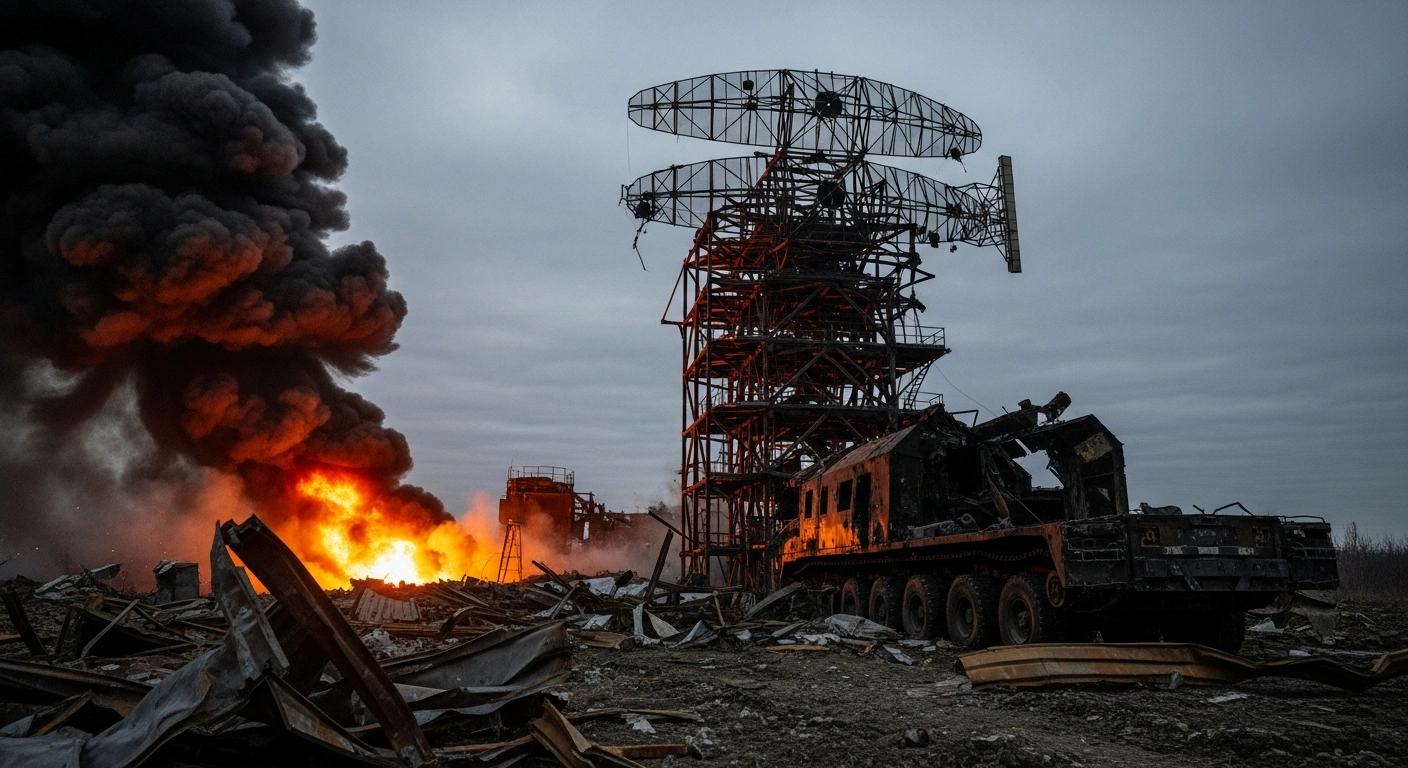 A wide, low-angle shot at twilight shows the smoldering remains of a Russian Nebo-U air defense radar system in Crimea, with thick smoke rising and debris scattered around, indicating a recent Ukrainian strike.
