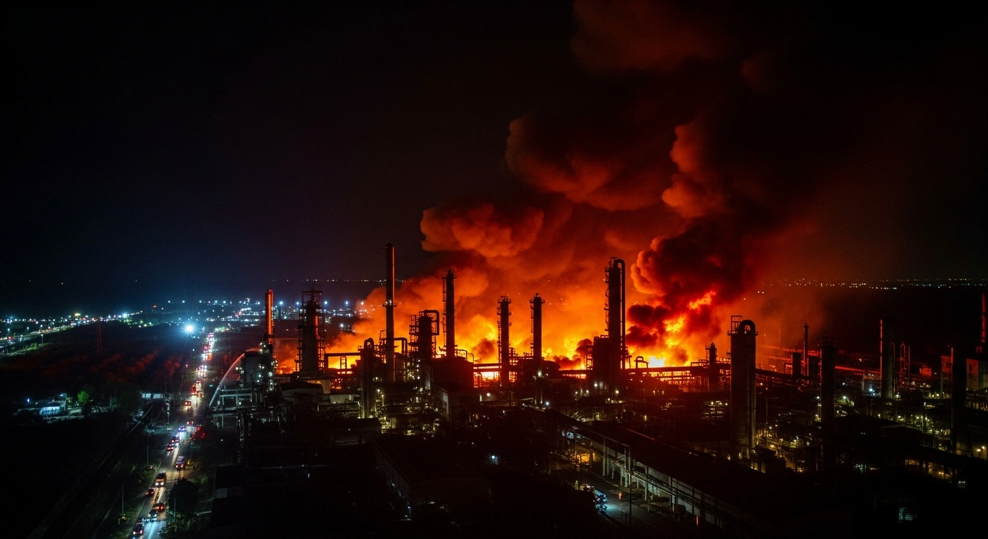 An aerial view of a large industrial complex engulfed in massive flames and thick black smoke against a dark night sky, depicting damage from reported Ukrainian strikes on strategic facilities in Taganrog and Krasnodar Krai.