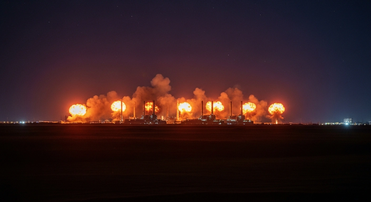 A wide, low-angle shot at night depicts a distant Russian energy infrastructure complex engulfed in multiple orange-red explosions, with smoke rising against a dark sky, illustrating the impact of Ukrainian long-range attacks.