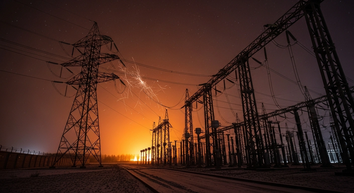 A wide, cinematic shot of a sprawling electrical substation at night, with a distant fire and sparking high-voltage lines, depicting the impact of Ukrainian forces' strikes against Russian power facilities as part of an ongoing campaign against energy infrastructure ahead of winter.