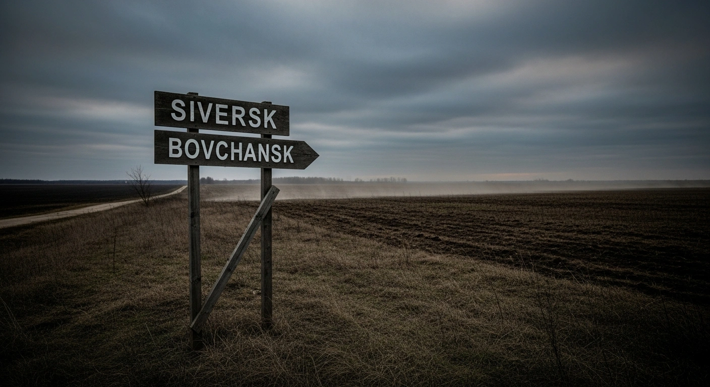 A weathered wooden signpost with faded names 'Siversk' and 'Vovchansk' stands in a desolate, war-torn Ukrainian landscape under a bruised sky, symbolizing the contested territorial claims made by the Russian Federation.