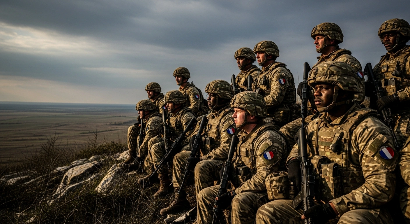 A diverse group of British and French soldiers stands on a ridge overlooking a Ukrainian landscape, symbolizing the announced 10,000-strong international military contingent deploying to Ukraine for post-ceasefire security.
