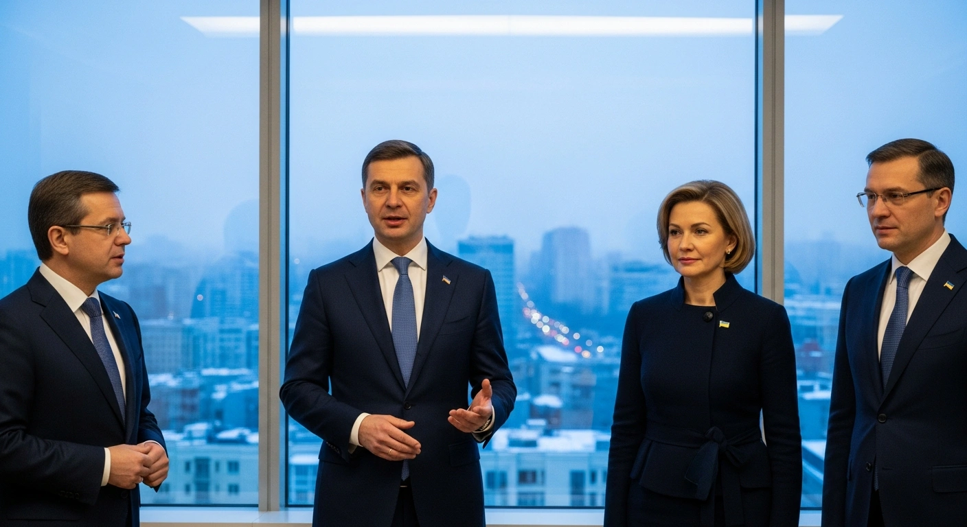 Three Ukrainian delegates, including Kyrylo Budanov, Rustem Umerov, and Davyd Arakhamia, are depicted in a warm conference room in the United States, engaged in diplomatic talks for a peace settlement, with a cold, distant cityscape visible through a window, symbolizing ongoing Russian attacks and power outages in Ukraine.