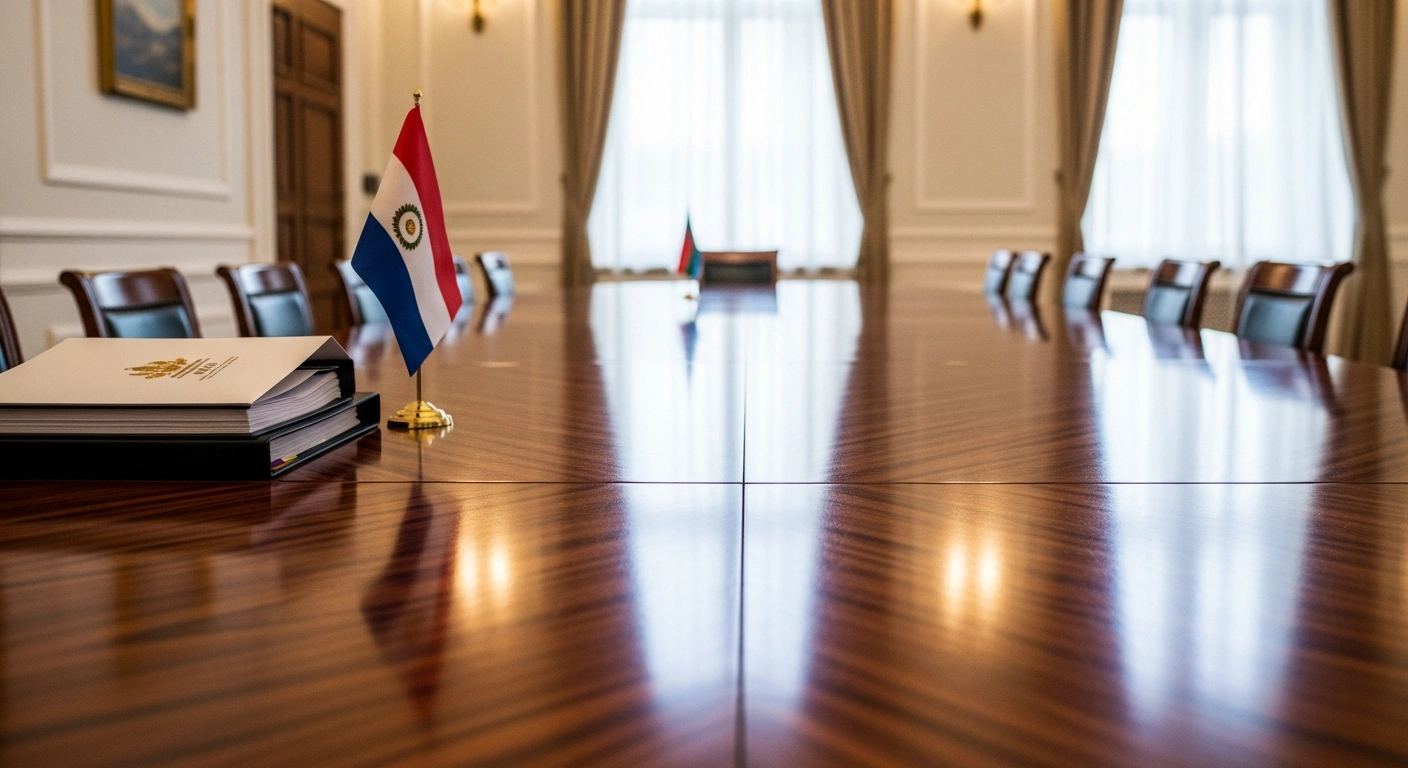 A polished mahogany conference table with organized documents and a national emblem, awaiting a Ukrainian negotiating team for discussions on a US-led peace plan to end the war with Russia.
