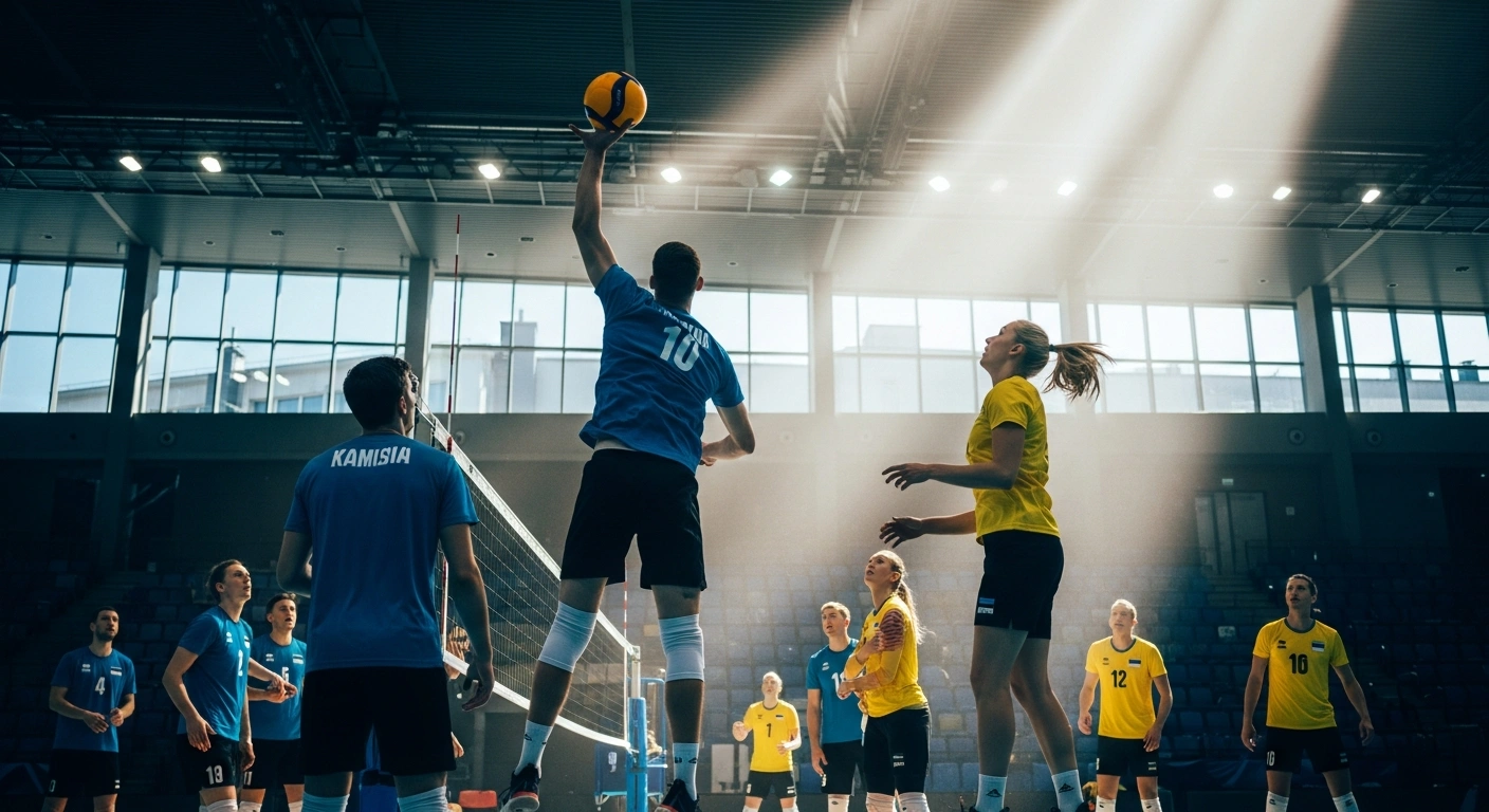 Members of the Ukrainian national volleyball team practice in a sports arena in Tallinn, Estonia, to prepare for the 2026 European Championship.