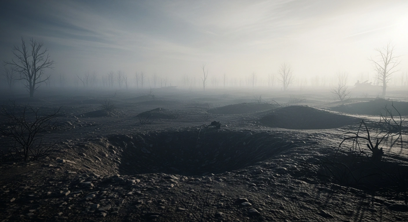 A desolate and cratered battlefield landscape represents the heavy casualties reported during the ongoing war in Ukraine.