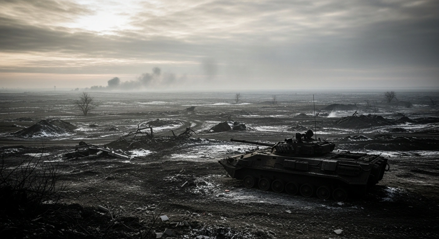 A destroyed armored vehicle sits on a desolate, smoke-filled battlefield representing the heavy equipment losses sustained by Russian forces during the war in Ukraine.