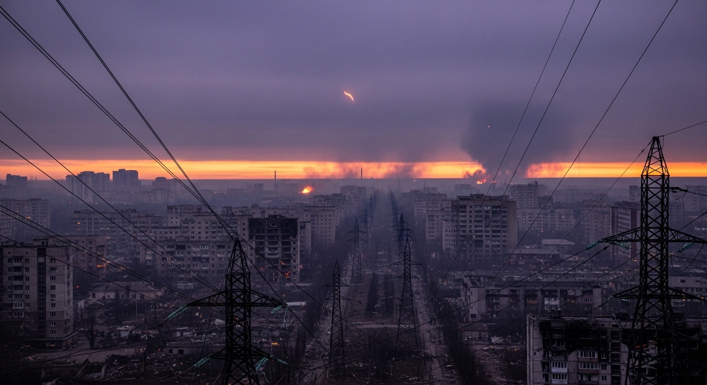 A wide, cinematic shot of a Ukrainian city at dawn, partially blacked out with broken power lines in the foreground, and distant orange glows from smoldering fires and flashes of explosions on the horizon, depicting widespread military strikes and power outages.