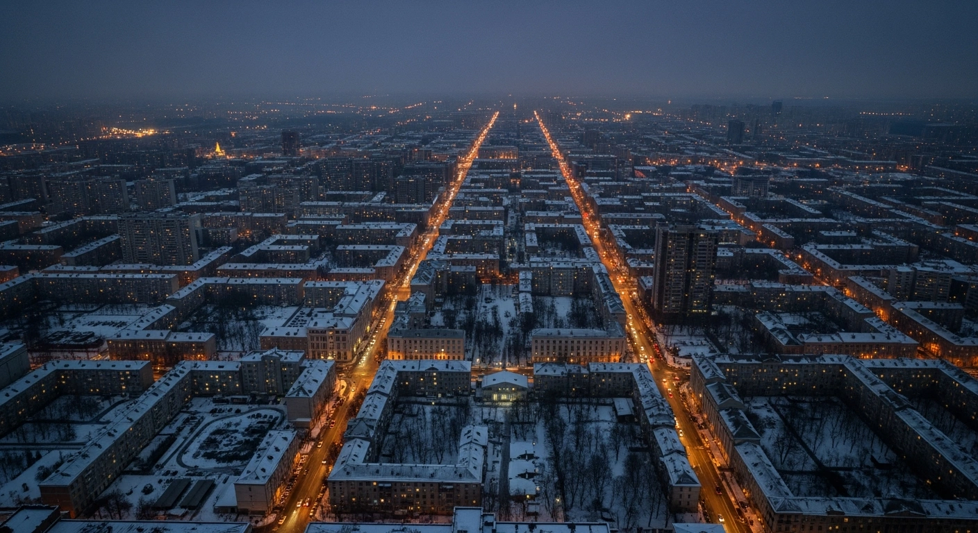 A wide, high-angle drone shot captures a Ukrainian city at night, plunged into widespread darkness and experiencing heating disruptions during severe winter conditions, with only faint, distant emergency lights visible.