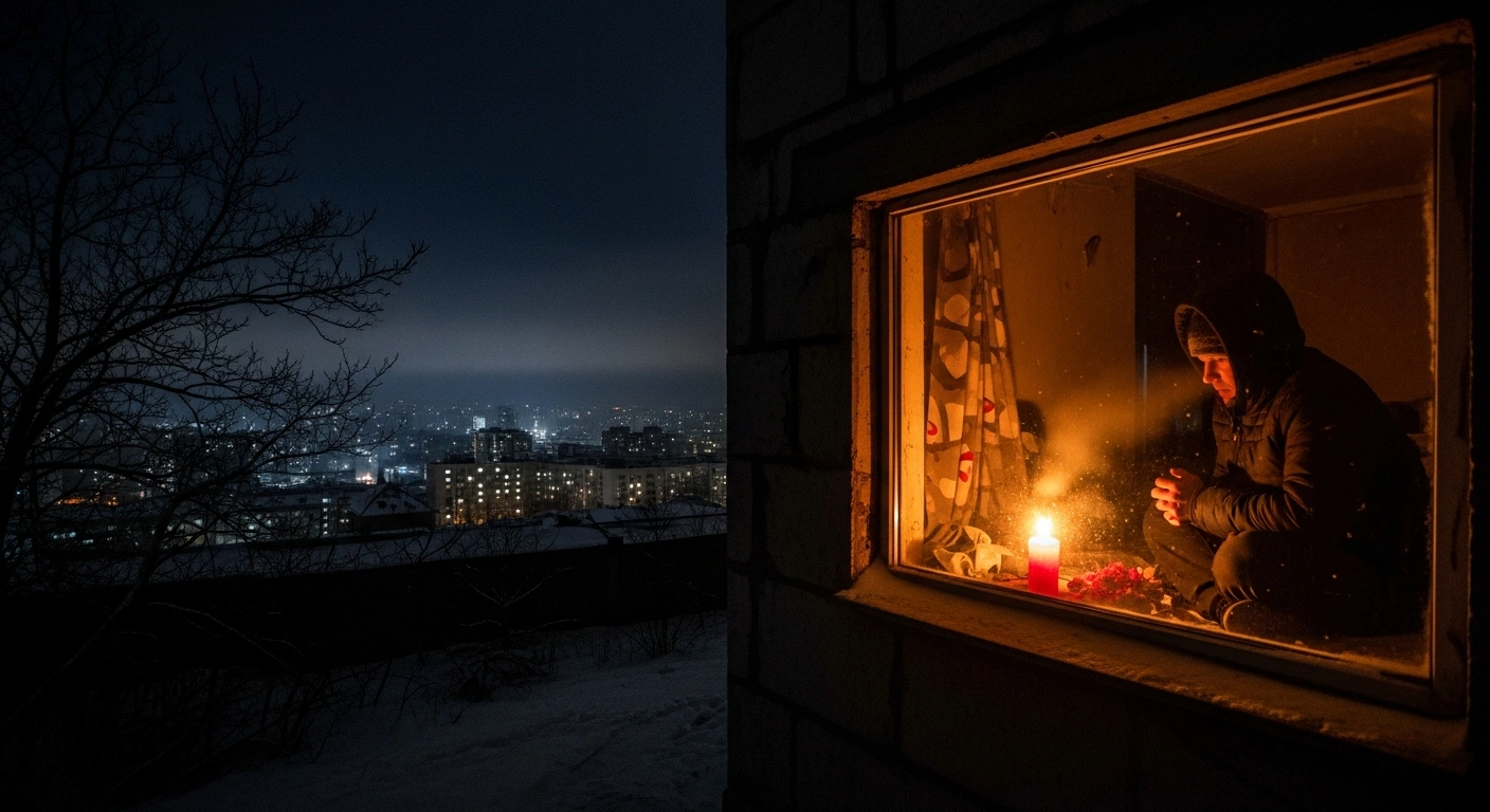 A solitary figure huddles by a flickering candle in a Ukrainian city plunged into darkness and cold, with temperatures at -15 degrees Celsius, following escalated attacks on energy infrastructure, while a distant glow hints at ongoing diplomatic talks for security and recovery.