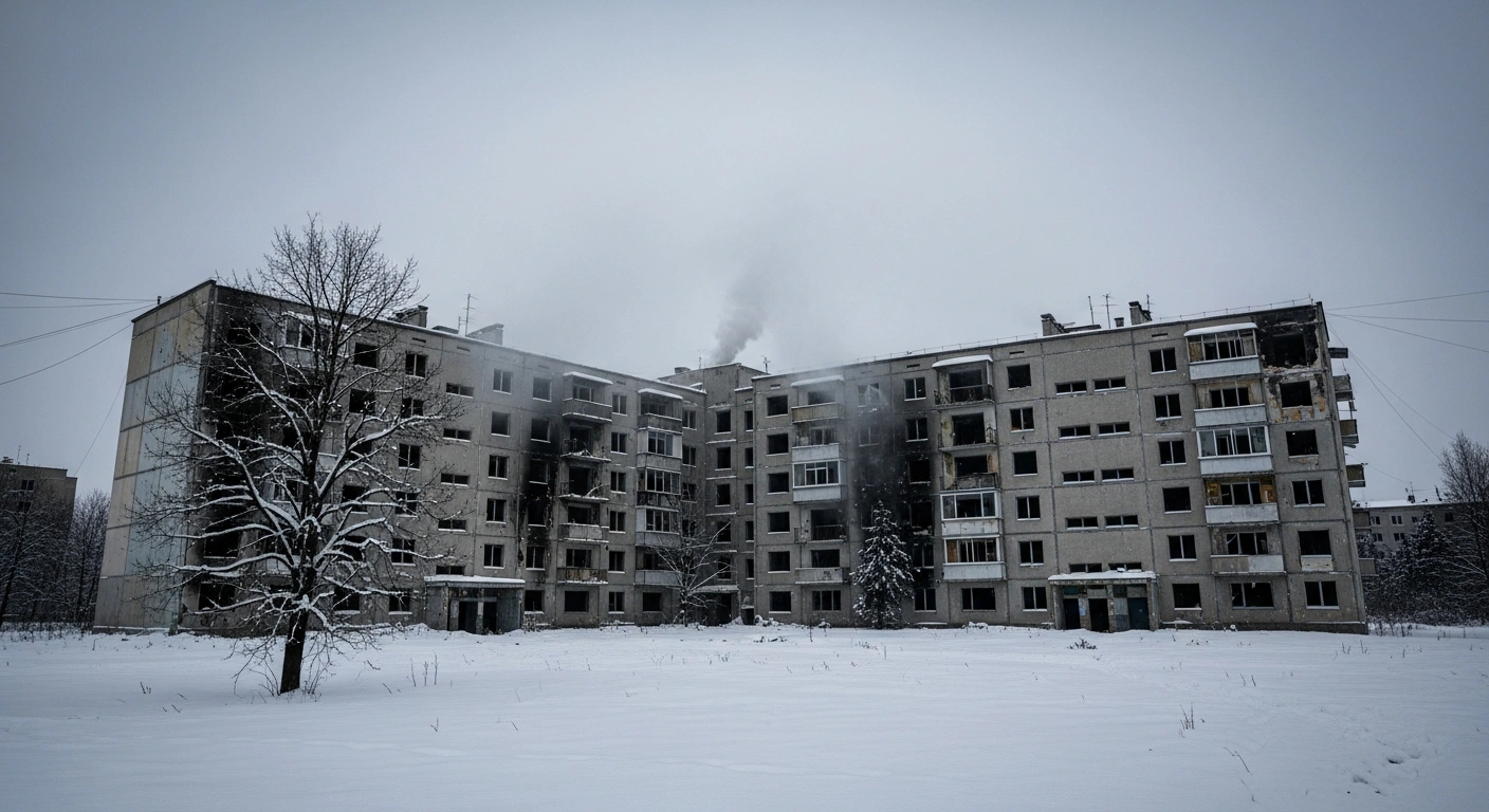 A wide, low-angle shot shows the snow-covered, bombed-out remains of an apartment building in a Ukrainian city, with smoke rising from shattered windows under a grey winter sky, depicting the impact of intensified Russian attacks on civilian infrastructure and the resulting casualties amidst severe winter conditions.