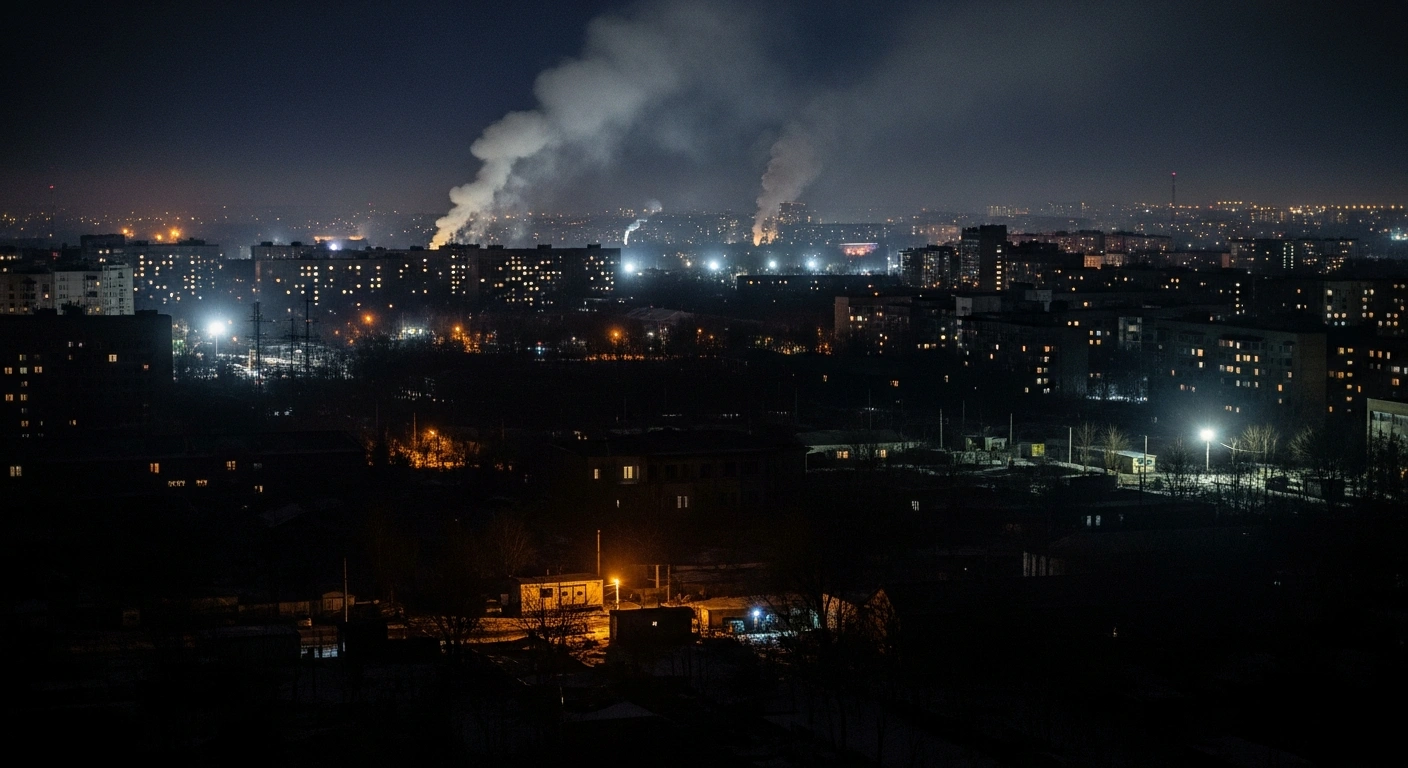 A wide, somber shot of a Ukrainian city at night, largely plunged into darkness due to widespread power outages, with faint emergency lights and visible smoke against a cold, sub-zero sky, reflecting the impact of recent missile and drone strikes on critical infrastructure.