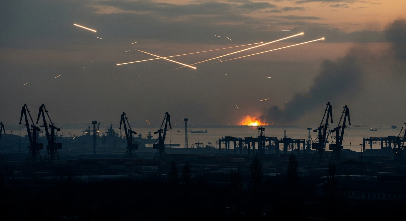 Aerial view of the Novorossiysk naval base at night showing smoke rising from port infrastructure during a Ukrainian drone and missile attack.