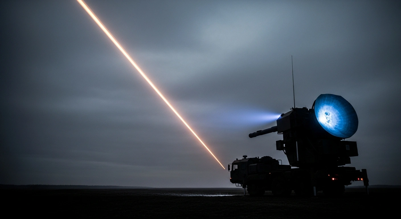 A military air defense system stands in a field at dusk while a bright streak of a ballistic missile crosses the dark sky.