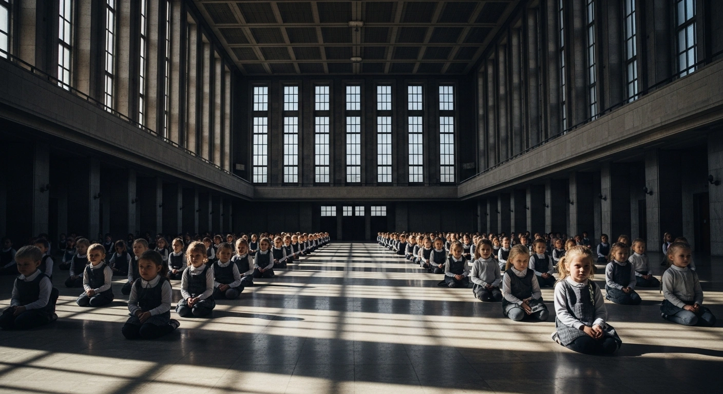 A wide, low-angle shot shows rows of uniformly dressed young children sitting with still postures in an austere hall with cold, diffused lighting, conveying a sense of confinement and somber indoctrination, representing Ukrainian children deported by Russia to North Korea for re-education.