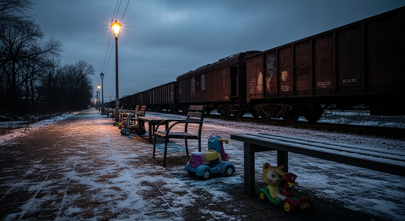 A desolate, snow-covered train station in Ukraine symbolizes the forced deportation of children by Russian authorities as investigated by the United Nations.