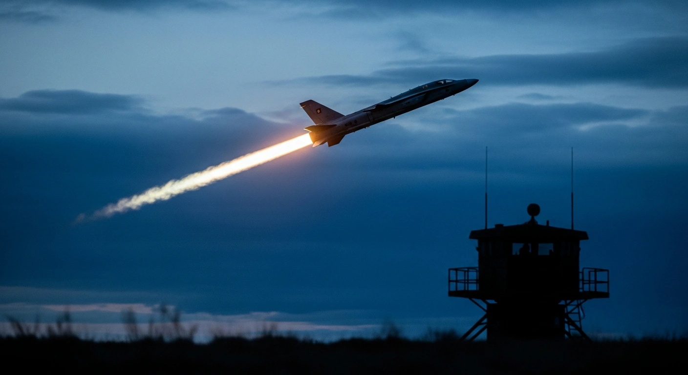 A modern cruise missile flies through a twilight sky, representing the advanced weaponry currently being monitored by Russian military observers.