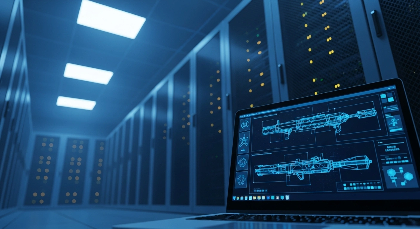 A dimly lit server room displays complex technical data and weapon schematics on a laptop screen, representing a cyber breach of Russian strategic nuclear systems by Ukrainian operatives.