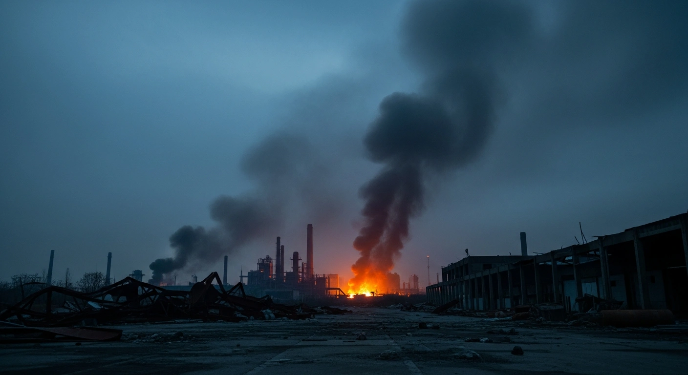 Smoke rises from an industrial site in Russia following a drone attack that caused fires and damage in the region.