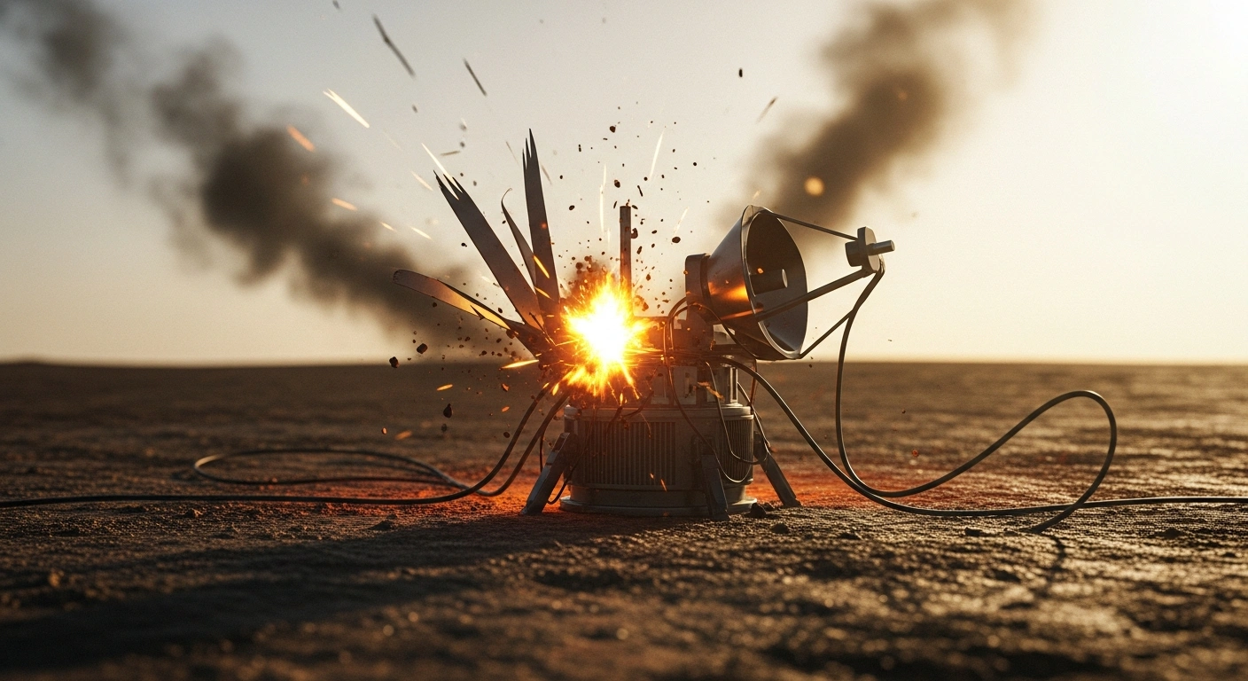 A precision drone strike destroys a Russian Spirit-030 satellite communication terminal on a muddy battlefield.